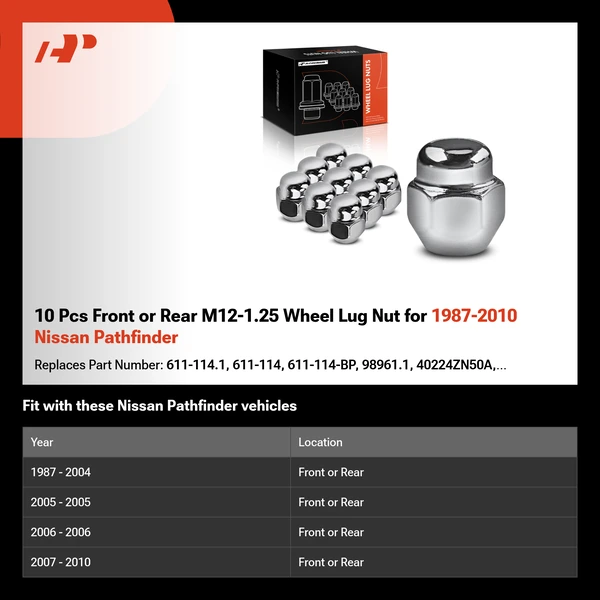 10 Pcs Front or Rear M12-1.25 Wheel Lug Nut for 1987-2010 Nissan Pathfinder