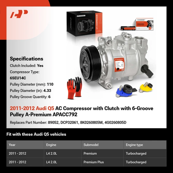2011-2012 Audi Q5 AC Compressor with Clutch with 6-Groove Pulley A-Premium APACC792