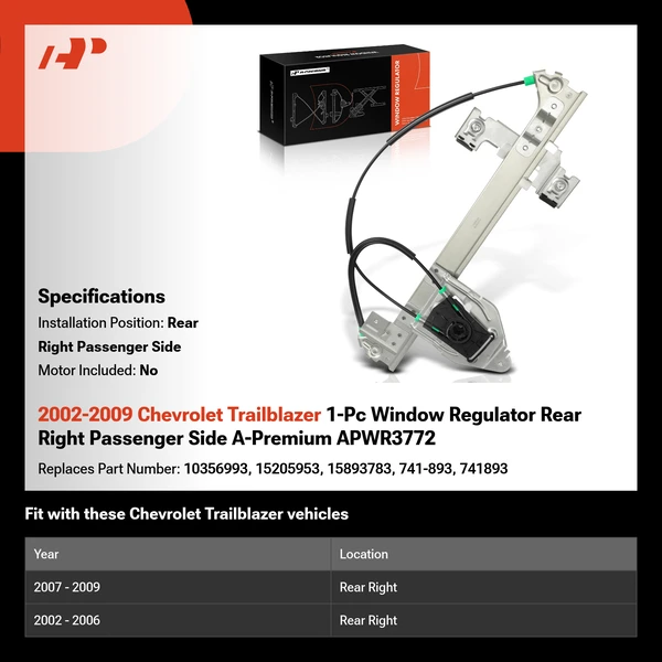 2002-2009 Chevrolet Trailblazer 1-Pc Window Regulator Rear Right Passenger Side A-Premium APWR3772