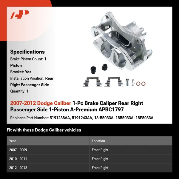2007-2012 Dodge Caliber 1-Pc Brake Caliper Rear Right Passenger Side 1-Piston A-Premium APBC1797