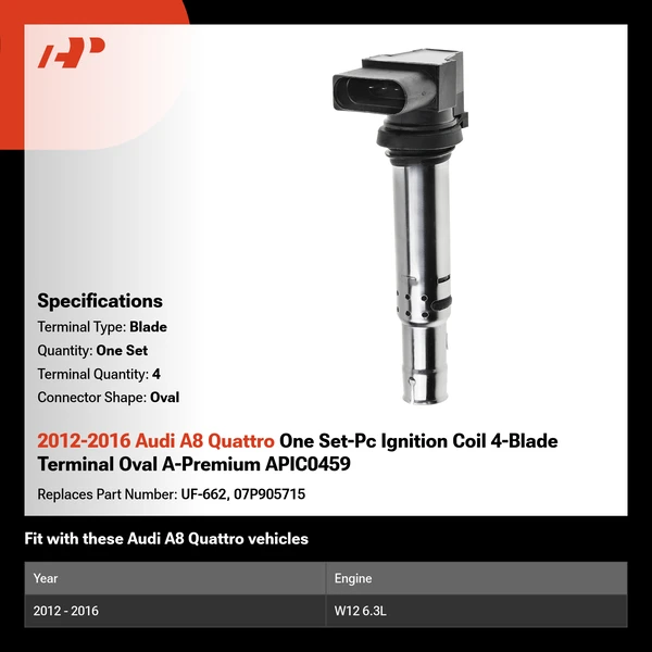 2012-2016 Audi A8 Quattro One Set-Pc Ignition Coil 4-Blade Terminal Oval A-Premium APIC0459