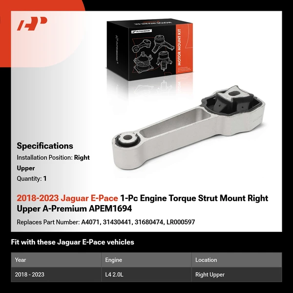 2018-2023 Jaguar E-Pace 1-Pc Engine Torque Strut Mount Right Upper A-Premium APEM1694