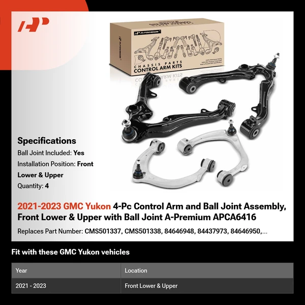 2021-2023 GMC Yukon 4-Pc Control Arm and Ball Joint Assembly, Front Lower & Upper with Ball Joint A-Premium APCA6416
