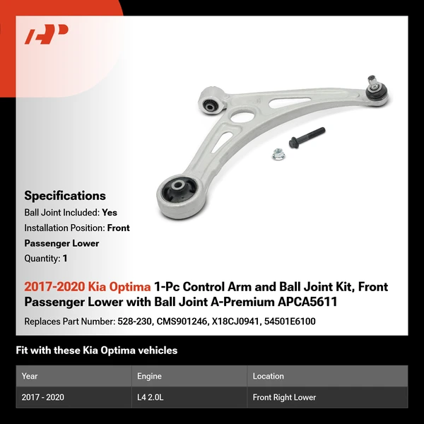 2017-2020 Kia Optima 1-Pc Control Arm and Ball Joint Kit, Front Passenger Lower with Ball Joint A-Premium APCA5611