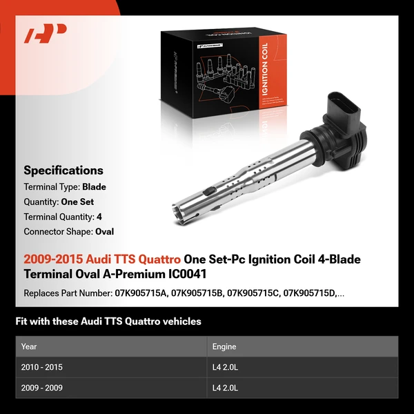 2009-2015 Audi TTS Quattro One Set-Pc Ignition Coil 4-Blade Terminal Oval A-Premium IC0041