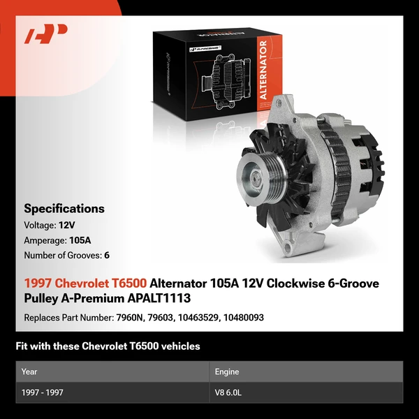 1997 Chevrolet T6500 Alternator 105A 12V Clockwise 6-Groove Pulley A-Premium APALT1113