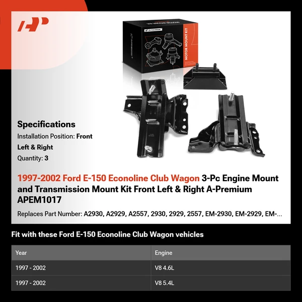 1997-2002 Ford E-150 Econoline Club Wagon 3-Pc Engine Mount and Transmission Mount Kit Front Left & Front Right A-Premium APEM1017