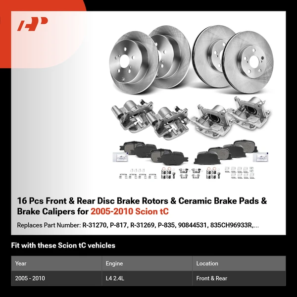16 Pcs Front & Rear Disc Brake Rotors & Ceramic Brake Pads & Brake Calipers for 2005-2010 Scion tC