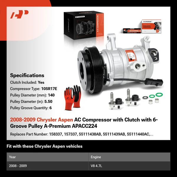 2008-2009 Chrysler Aspen AC Compressor with Clutch with 6-Groove Pulley A-Premium APACC224
