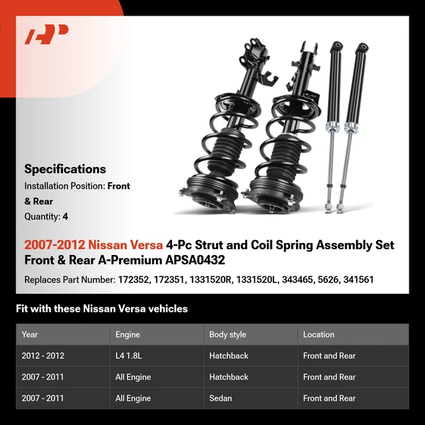 2007-2012 Nissan Versa 4-Pc Strut and Coil Spring Assembly Set Front & Rear A-Premium APSA0432