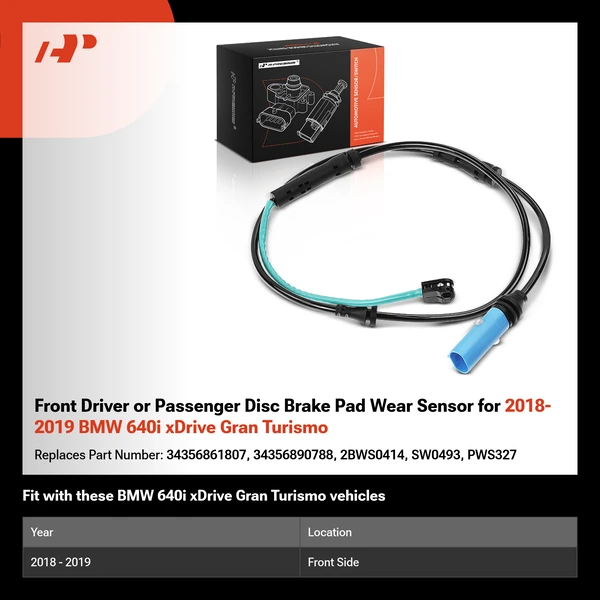 Front Driver or Passenger Disc Brake Pad Wear Sensor for 2018-2019 BMW 640i xDrive Gran Turismo