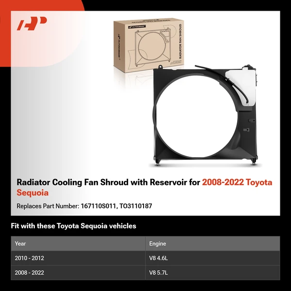 Radiator Cooling Fan Shroud with Reservoir for 2008-2022 Toyota Sequoia