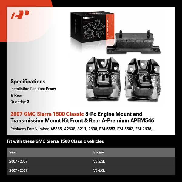 2007 GMC Sierra 1500 Classic 3-Pc Engine Mount and Transmission Mount Kit Front & Rear A-Premium APEM546