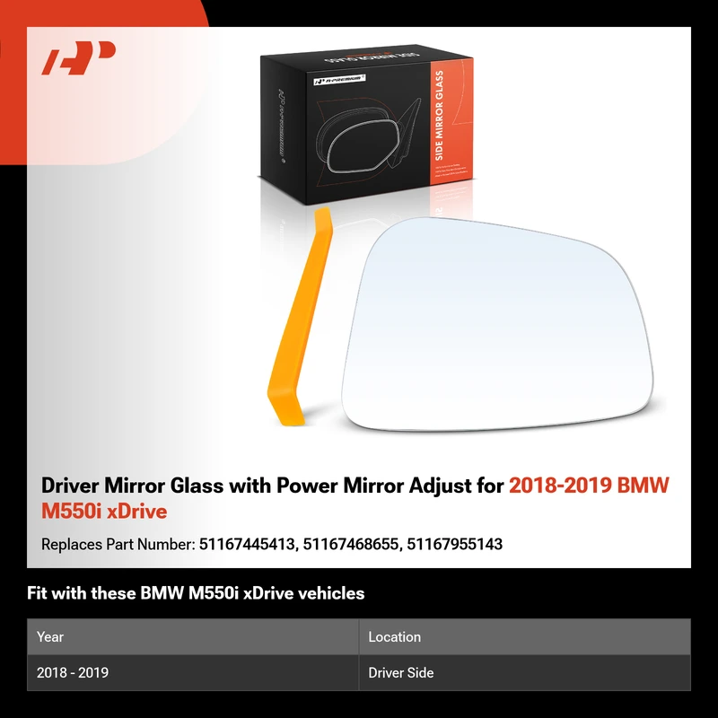 Driver Mirror Glass with Power Mirror Adjust for 2018-2019 BMW M550i xDrive