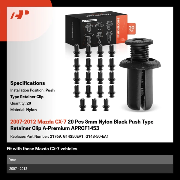 2007-2012 Mazda CX-7 20 Pcs 8mm Nylon Black Push Type Retainer Clip A-Premium APRCF1453