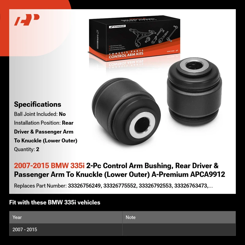 2007-2015 BMW 335i 2-Pc Control Arm Bushing, Rear Driver & Passenger Arm To Knuckle (Lower Outer) A-Premium APCA9912
