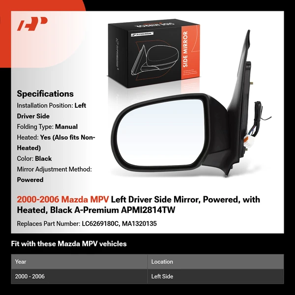 2000-2006 Mazda MPV Left Driver Side Mirror, Powered, with Heated, Black A-Premium APMI2814TW
