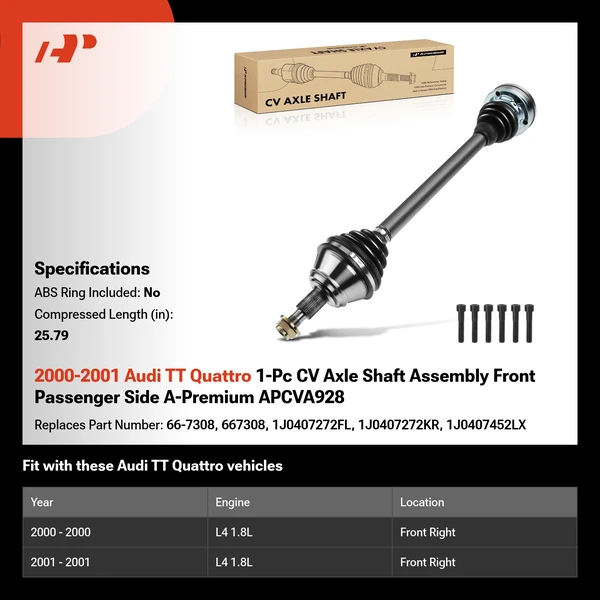 2000-2001 Audi TT Quattro 1-Pc CV Axle Shaft Assembly Front Passenger Side A-Premium APCVA928