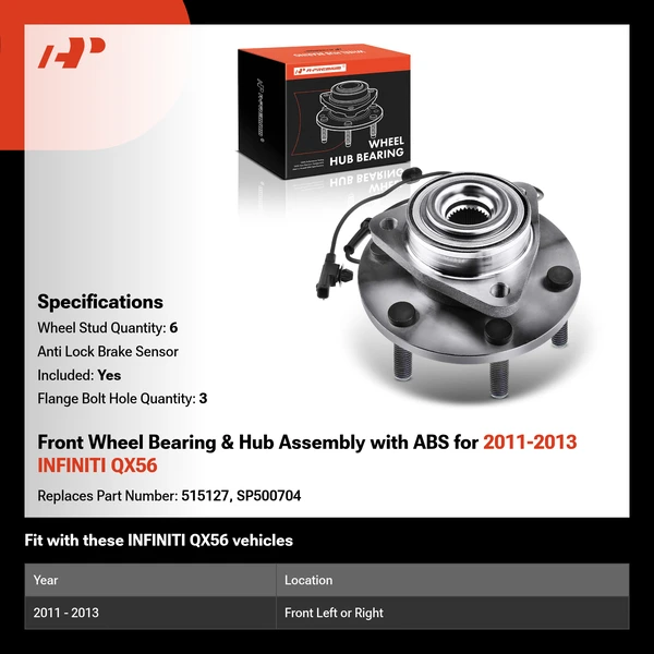 Front Wheel Bearing & Hub Assembly with ABS for 2011-2013 INFINITI QX56