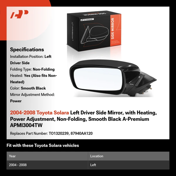 2004-2008 Toyota Solara Left Driver Side Mirror, with Heating, Power Adjustment, Non-Folding, Smooth Black A-Premium APMI3004TW