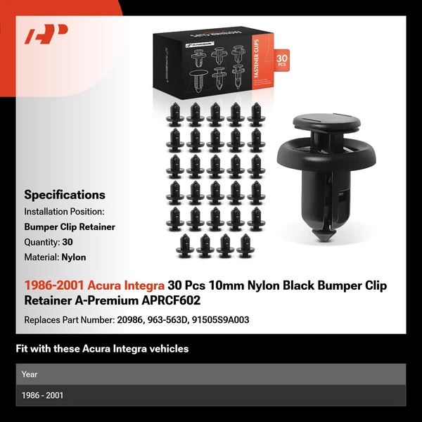 1986-2001 Acura Integra 30 Pcs 10mm Nylon Black Bumper Clip Retainer A-Premium APRCF602