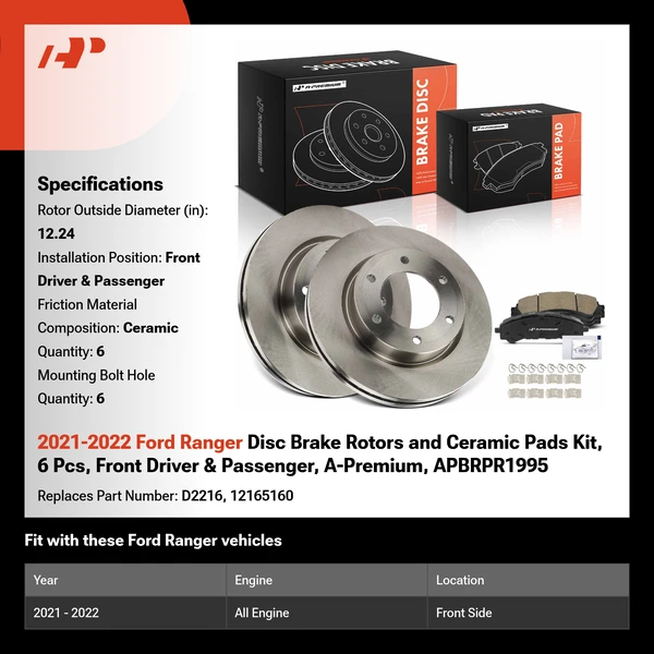 2021-2022 Ford Ranger Disc Brake Rotors and Ceramic Pads Kit, 6 Pcs, Front Driver & Passenger, A-Premium, APBRPR1995