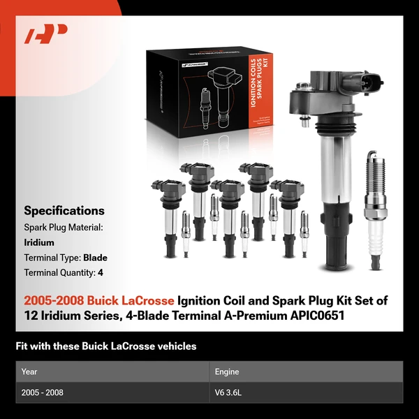 2005-2008 Buick LaCrosse Ignition Coil and Spark Plug Kit Set of 12 Iridium Series, 4-Blade Terminal A-Premium APIC0651