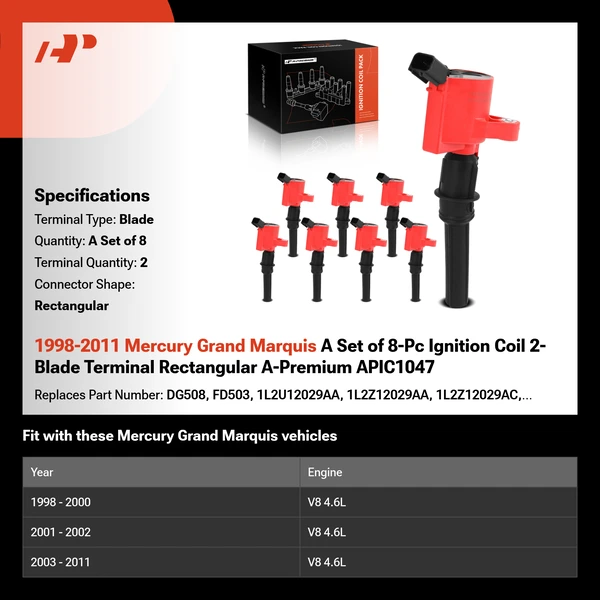 1998-2011 Mercury Grand Marquis A Set of 8-Pc Ignition Coil 2-Blade Terminal Rectangular A-Premium APIC1047