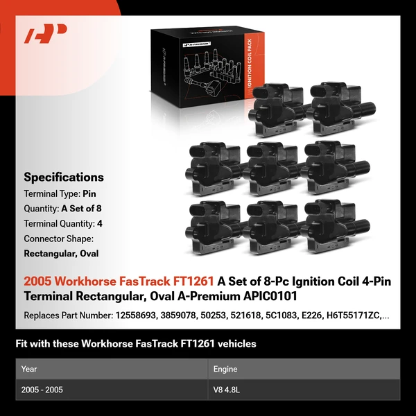 2005 Workhorse FasTrack FT1261 A Set of 8-Pc Ignition Coil 4-Pin Terminal Rectangular, Oval A-Premium APIC0101