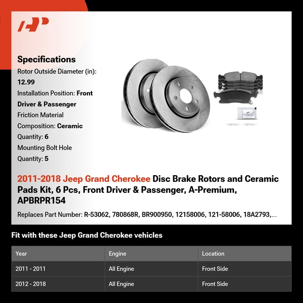 2011-2018 Jeep Grand Cherokee Disc Brake Rotors and Ceramic Pads Kit, 6 Pcs, Front Driver & Passenger, A-Premium, APBRPR154