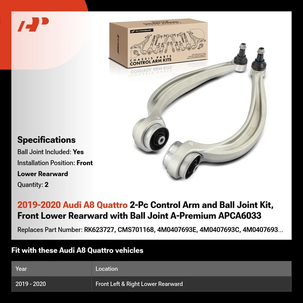 2019-2020 Audi A8 Quattro 2-Pc Control Arm and Ball Joint Kit, Front Lower Rearward with Ball Joint A-Premium APCA6033
