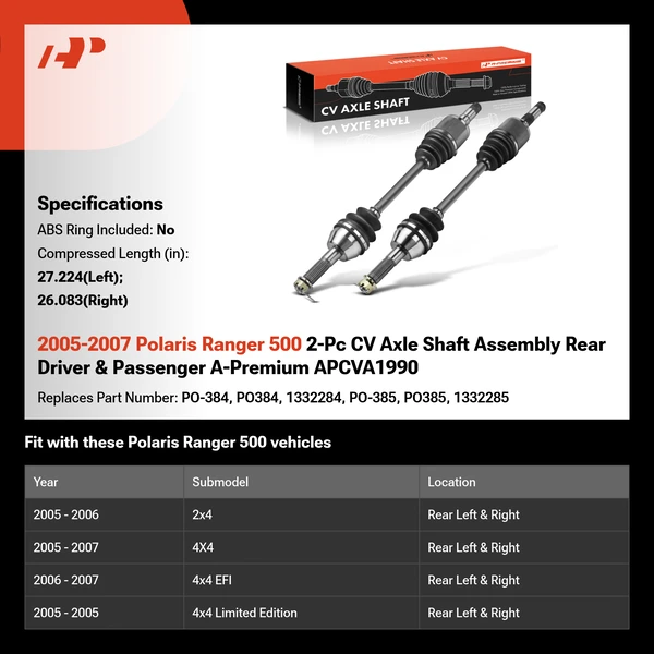 2005-2007 Polaris Ranger 500 2-Pc CV Axle Shaft Assembly Rear Driver & Passenger A-Premium APCVA1990