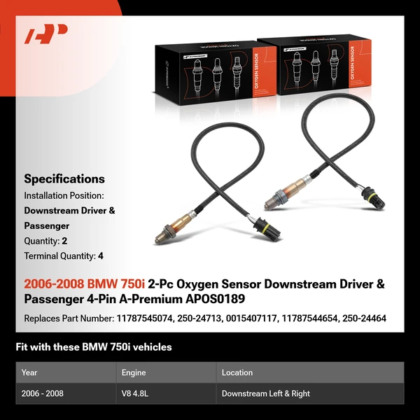 2006-2008 BMW 750i 2-Pc Oxygen Sensor Downstream Driver & Passenger 4-Pin A-Premium APOS0189