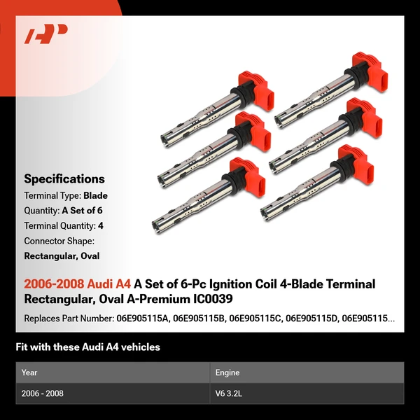 2006-2008 Audi A4 A Set of 6-Pc Ignition Coil 4-Blade Terminal Rectangular, Oval A-Premium IC0039