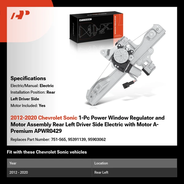 2012-2020 Chevrolet Sonic 1-Pc Power Window Regulator and Motor Assembly Rear Left Driver Side Electric with Motor A-Premium APWR0429