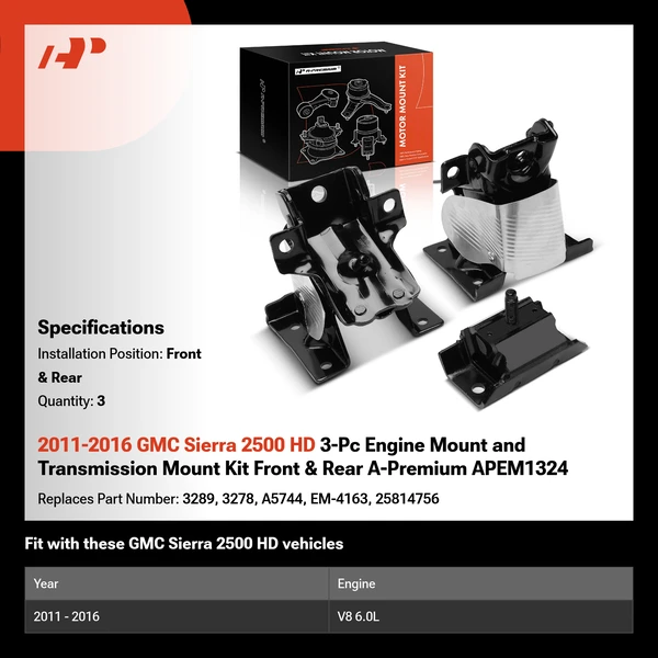 2011-2016 GMC Sierra 2500 HD 3-Pc Engine Mount and Transmission Mount Kit Front & Rear A-Premium APEM1324
