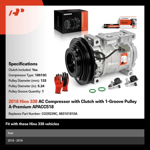 2018 Hino 338 AC Compressor with Clutch with 1-Groove Pulley A-Premium APACC518