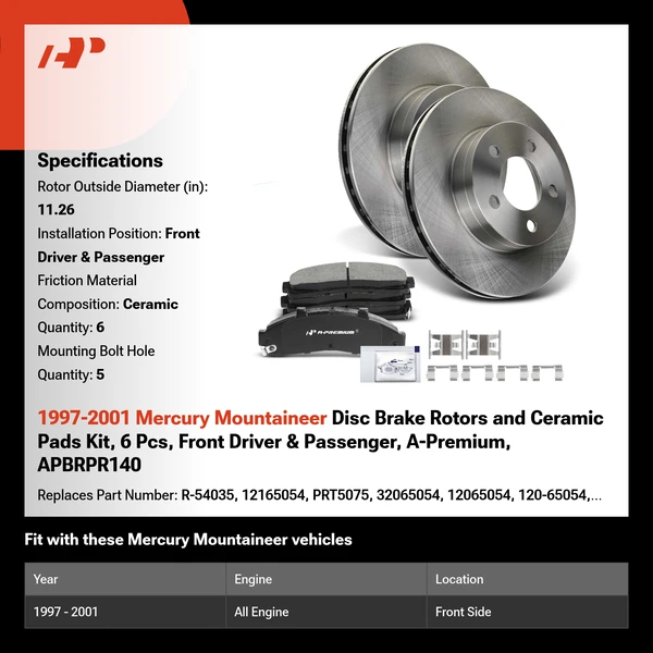 1997-2001 Mercury Mountaineer Disc Brake Rotors and Ceramic Pads Kit, 6 Pcs, Front Driver & Passenger, A-Premium, APBRPR140