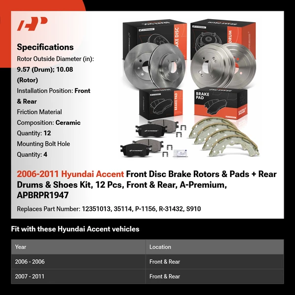 2006-2011 Hyundai Accent Front Disc Brake Rotors & Pads + Rear Drums & Shoes Kit, 12 Pcs, Front & Rear, A-Premium, APBRPR1947