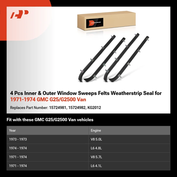 4 Pcs Inner & Outer Window Sweeps Felts Weatherstrip Seal for 1971-1974 GMC G25/G2500 Van