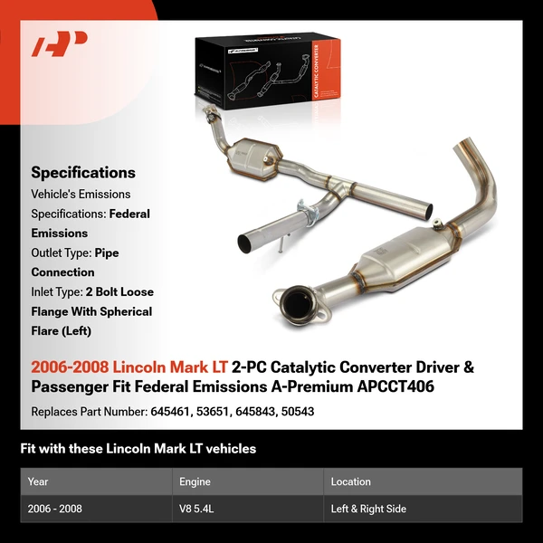 2006-2008 Lincoln Mark LT 2-PC Catalytic Converter Driver & Passenger Fit Federal Emissions A-Premium APCCT406