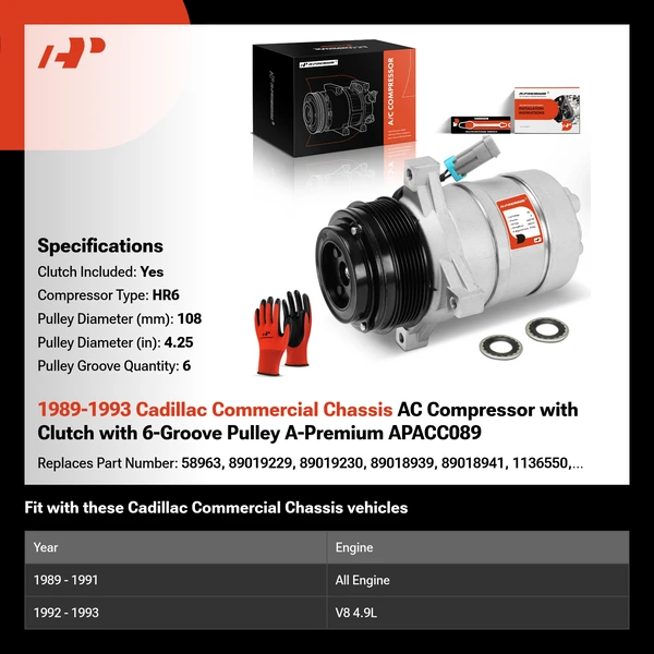 1989-1993 Cadillac Commercial Chassis AC Compressor with Clutch with 6-Groove Pulley A-Premium APACC089