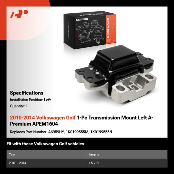 2010-2014 Volkswagen Golf 1-Pc Transmission Mount Left A-Premium APEM1604