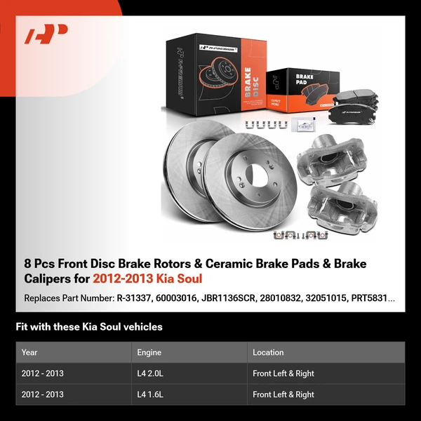 8 Pcs Front Disc Brake Rotors & Ceramic Brake Pads & Brake Calipers for 2012-2013 Kia Soul