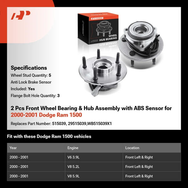 2 Pcs Front Wheel Bearing & Hub Assembly with ABS Sensor for 2000-2001 Dodge Ram 1500