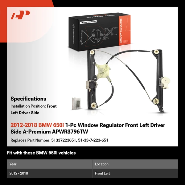 2012-2018 BMW 650i 1-Pc Window Regulator Front Left Driver Side A-Premium APWR3796TW