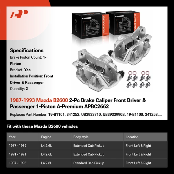 1987-1993 Mazda B2600 2-Pc Brake Caliper Front Driver & Passenger 1-Piston A-Premium APBC2662
