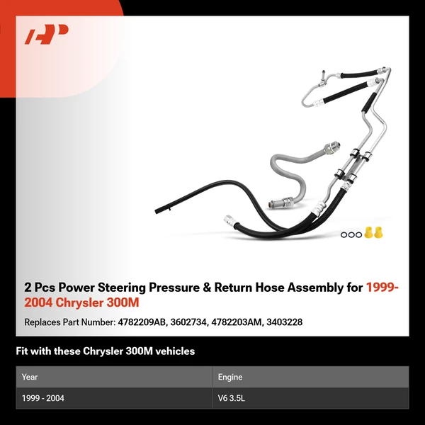 2 Pcs Power Steering Pressure & Return Hose Assembly for 1999-2004 Chrysler 300M
