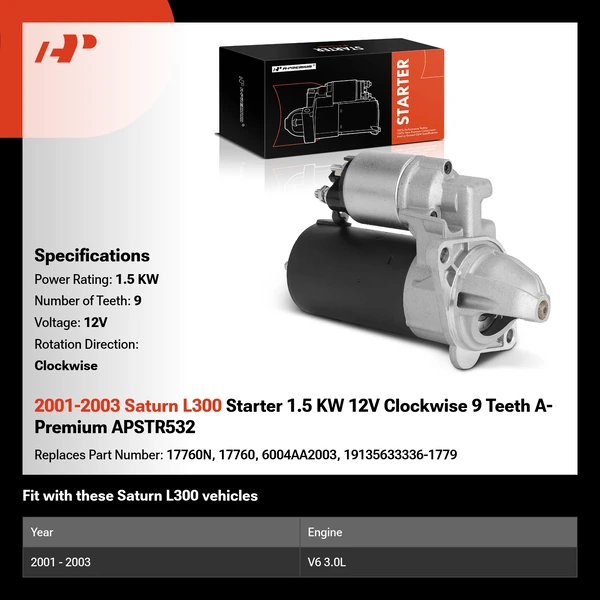 2001-2003 Saturn L300 Starter 1.5 KW 12V Clockwise 9 Teeth A-Premium APSTR532