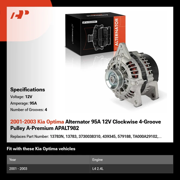 2001-2003 Kia Optima Alternator 95A 12V Clockwise 4-Groove Pulley A-Premium APALT982